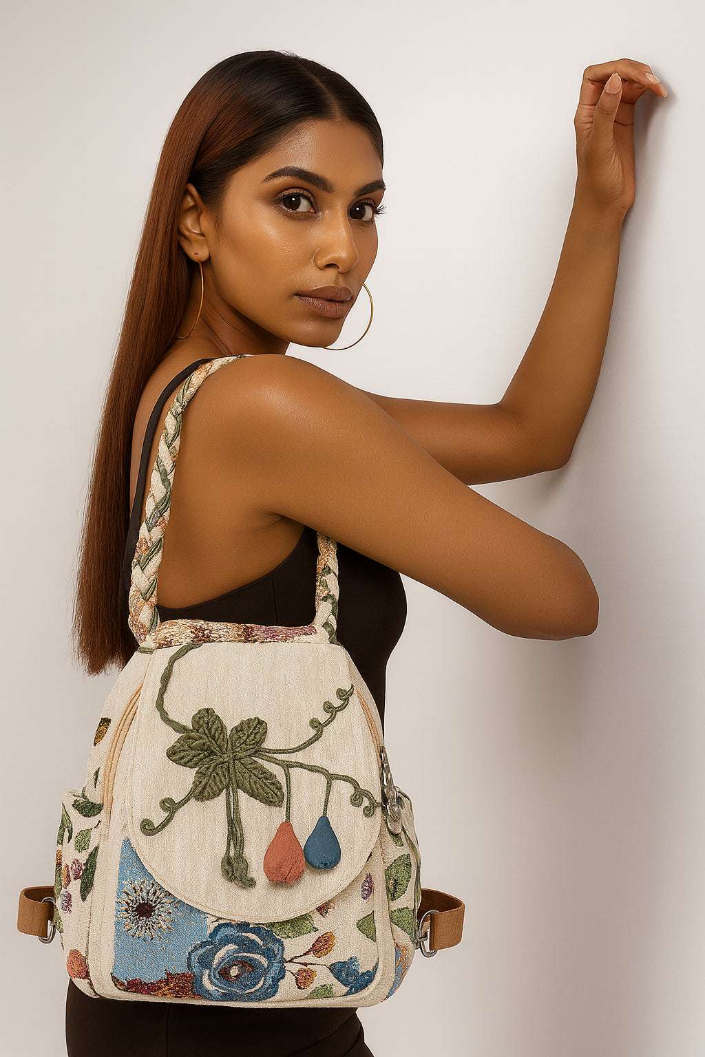 Floral Backpack with Multiple Compartments