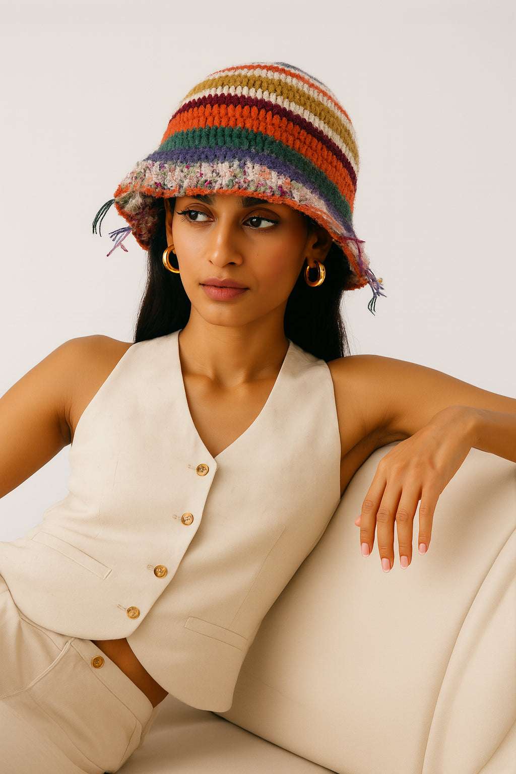 GORGLITTER Womens Crochet Hats Striped Colorblock Knitted Bucket Hat Beanies Cap Multicolor Distressed One-Size