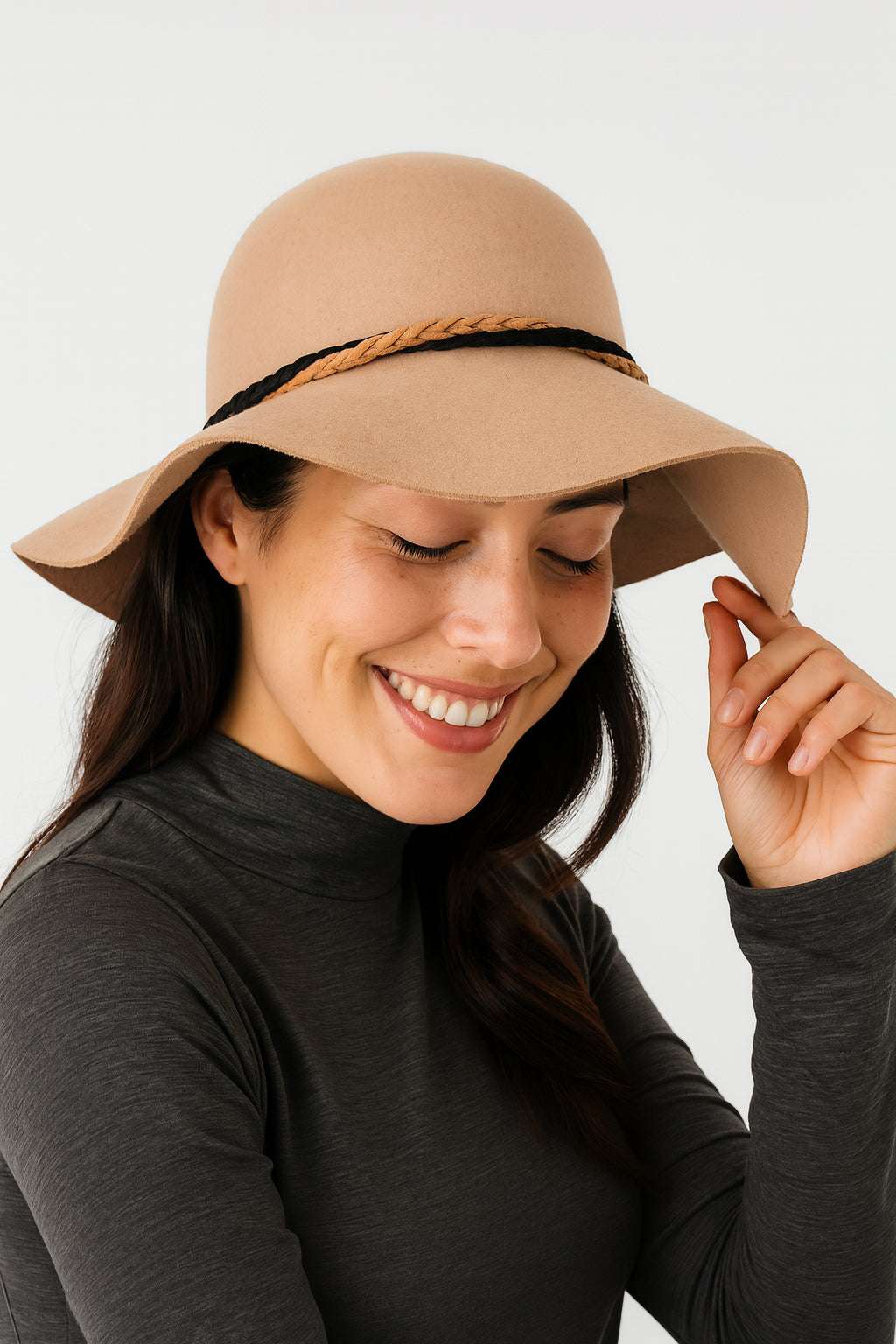 ASSQI Wide Brimmed 100% Wool Floppy Felt Hat Vintage Women Trilby Hats Beige