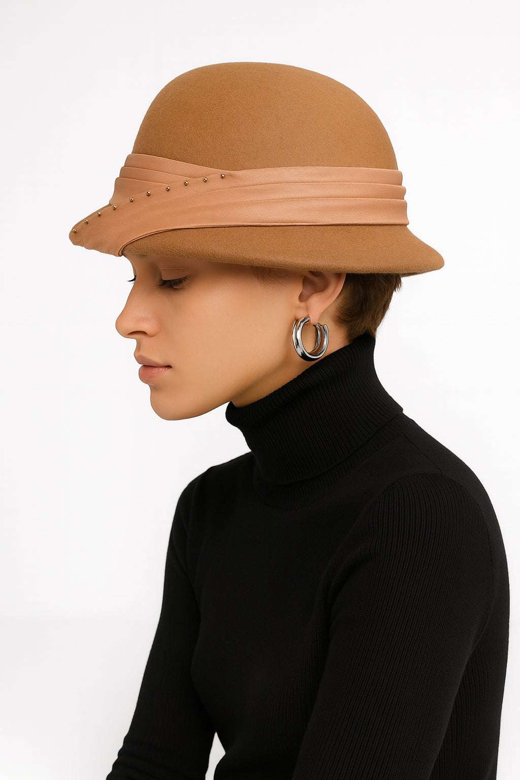 Elegant Top Hats for Women French Artist Hat Painter Hats with Beading Ladies Vintage Floppy Wool Felt Fedoras Caramel