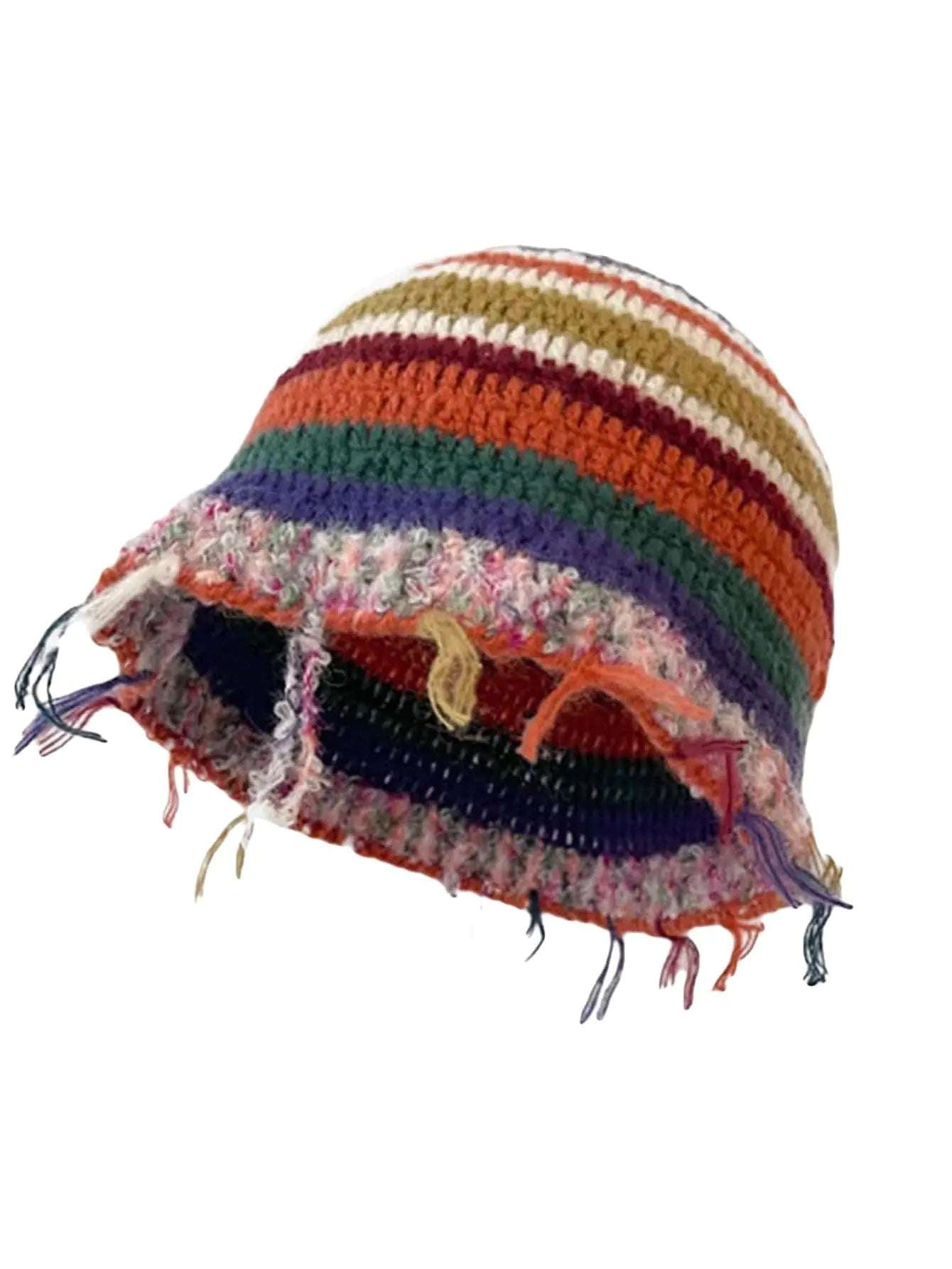 GORGLITTER Womens Crochet Hats Striped Colorblock Knitted Bucket Hat Beanies Cap Multicolor Distressed One-Size